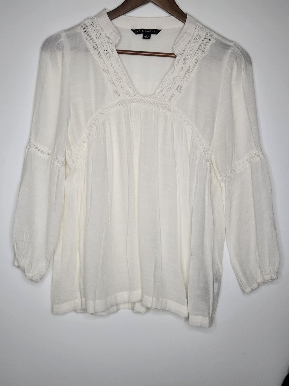 Zac & Rachel Cream Lace-Trim Peasant Boho Flowy Airy Blouse Womens Size L